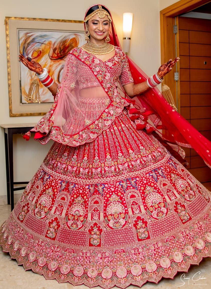 red and pink lehenga