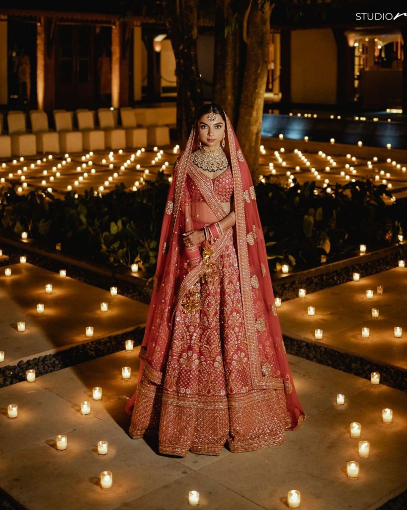 red and gols sabyasachi lehenga