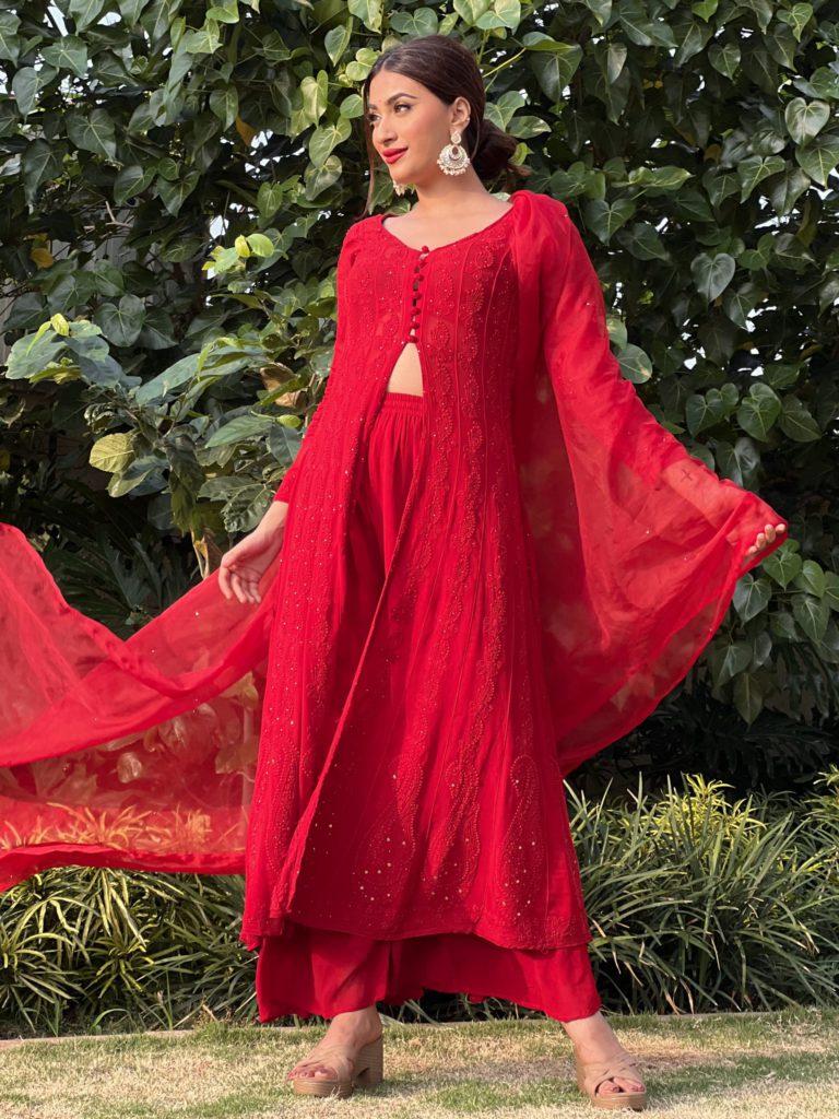 red chikankari suit